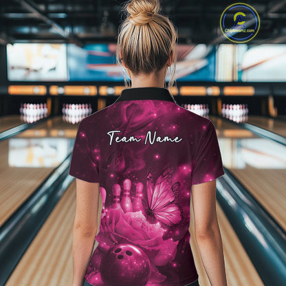Custom Pink Butterfly And Roses Bowling Women Quarter-Zip Shirts, Ladies Bowling Team IPHW10878