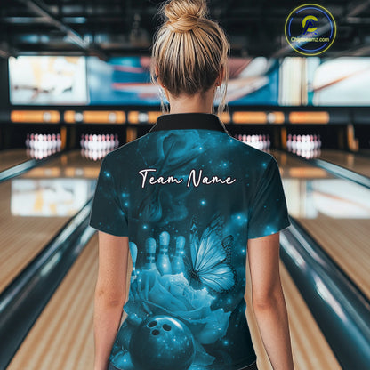 Custom Blue Butterfly And Roses Bowling Women Polo Shirts, Ladies Bowling Team IPHW10880
