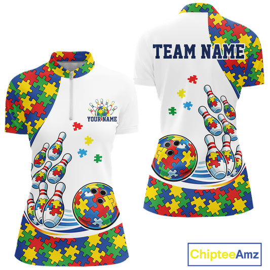 Front and back view of a women’s quarter-zip bowling shirt mockup in white, featuring colorful autism-themed bowling strike design with puzzle-inspired graphics.