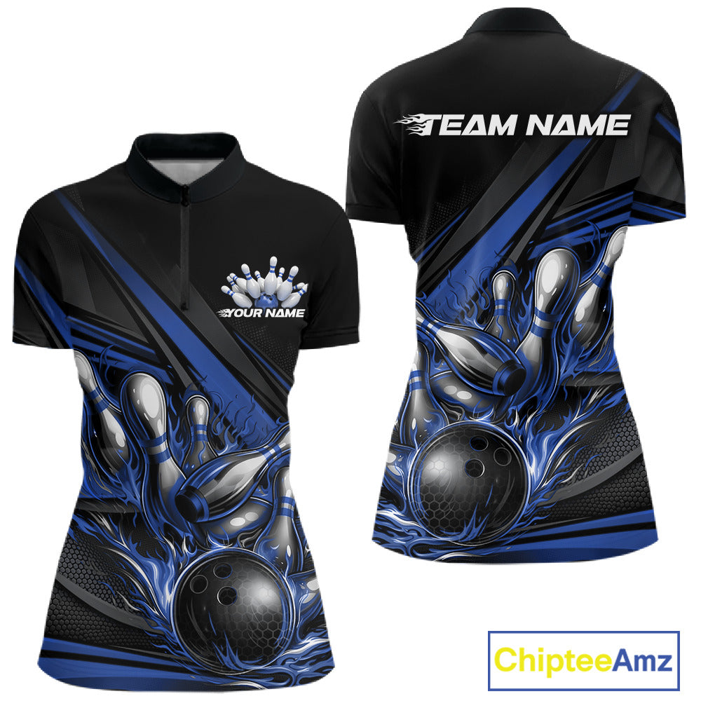 Front and back view of a women’s quarter-zip bowling shirt mockup in black, featuring blue flame bowling ball striking pins with abstract geometric stripes.