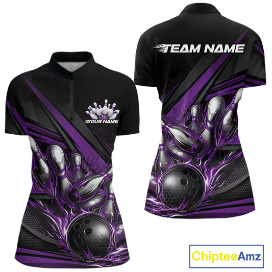 Front and back view of a women’s quarter-zip bowling shirt mockup in black, featuring purple flame bowling ball striking pins with geometric stripe accents.