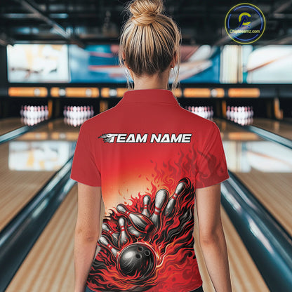 Female model at a bowling lane, back view of a red polo shirt featuring flame bowling ball and pins action scene design