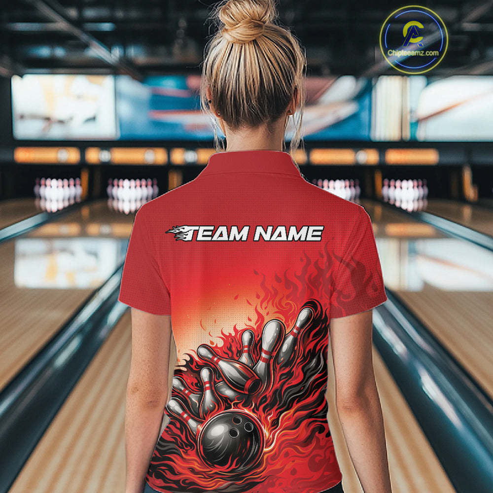 Back view of a female bowler wearing a red quarter-zip shirt, flame bowling ball and pins illustration with dynamic strike effect.