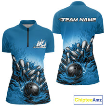 Load image into Gallery viewer, Custom Blue Flame Bowling Tournament Women Quarter-Zip Shirt, Fire Bowling League Shirt IPHW11216