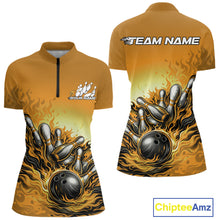 Load image into Gallery viewer, Custom Yellow Flame Bowling Tournament Women Quarter-Zip Shirt, Bowling League Shirt IPHW11219