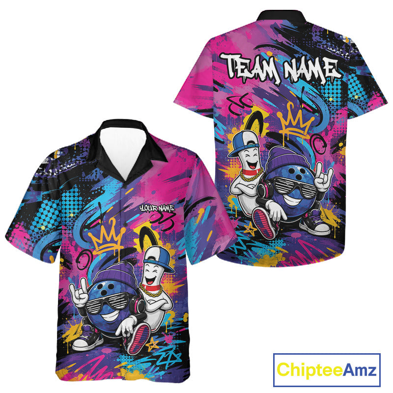 Custom Funny Colorful Graffity Hiphop Bowling Ball And Pin Bowling Men And Women Button Up Shirt IPHW11800