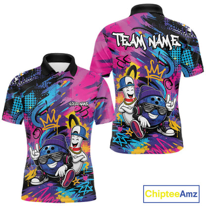 Custom Funny Colorful Graffity Hiphop Bowling Ball And Pin Bowling Men Polo Shirt IPHW11800