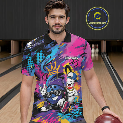 Custom Funny Colorful Graffity Hiphop Bowling Ball And Pin Bowling Men Polo Shirt IPHW11800