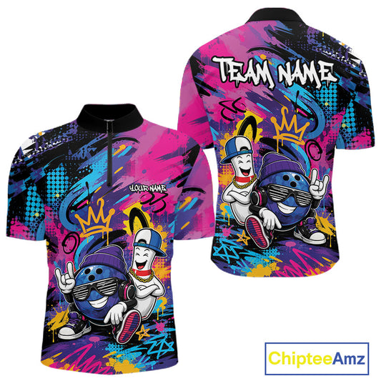 Front and back views of a short-sleeve quarter zip performance shirt with a vibrant graffiti-style graphic featuring funny cartoon bowling ball and pin