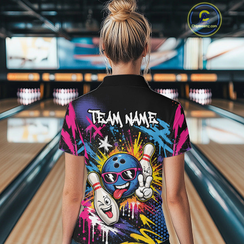 Custom Funny Colorful Paint Splatter Bowling Women Polo Shirt, Graffity Bowling Jersey IPHW11803