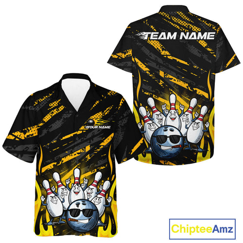 Custom Yellow Camo Funny Flame Bowling Men And Women Hawaiian Shirts, Bowling Team League Shirt IPHW10090