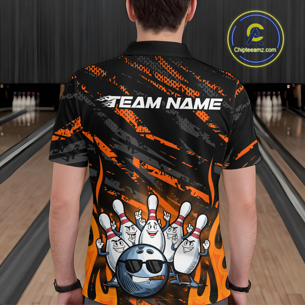 Custom Orange Camo Funny Flame Bowling Men Polo Shirts, Bowling Team League Shirt IPHW10091
