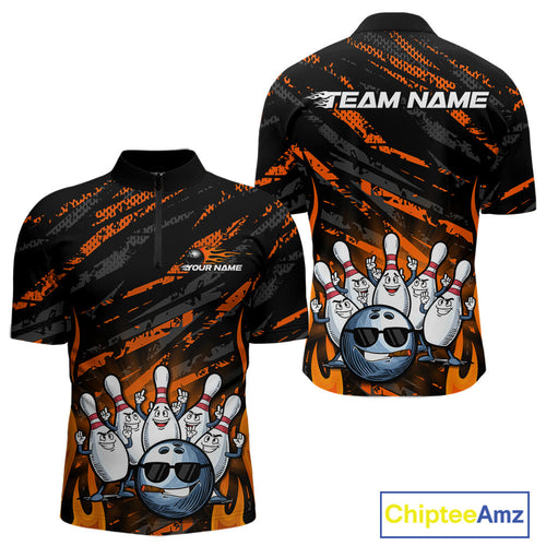 Custom Orange Camo Funny Flame Bowling Men Quarter-Zip Shirts, Bowling Team League Shirt IPHW10091