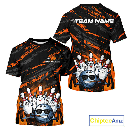 Custom Orange Camo Funny Flame Bowling Men T-Shirts, Bowling Team League IPHW10091