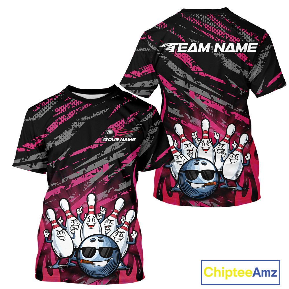 Custom Pink Camo Funny Flame Bowling Men Polo Shirts, Bowling Team League Shirt IPHW10093