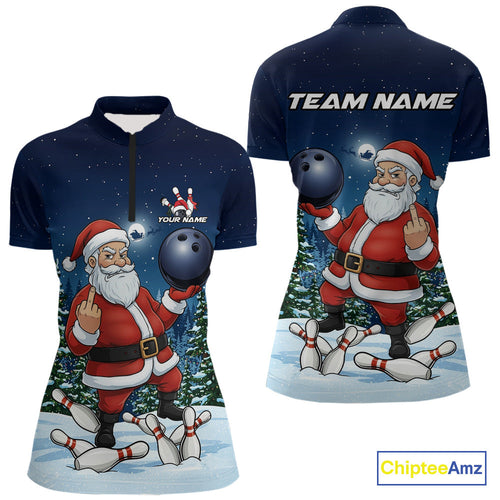 Custom Funny Christmas Bowling Women Quarter-Zip Shirts, Xmas Santa Bowling Team Outfit IPHW10094