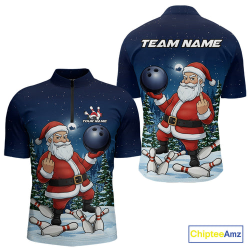 Custom Funny Christmas Bowling Men Quarter-Zip Shirts, Xmas Santa Bowling Team Outfit IPHW10094