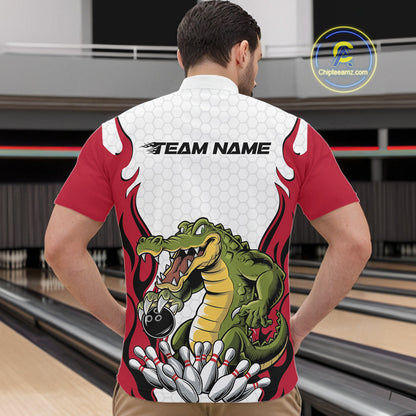 Custom Funny Alligator Bowling Men Quarter-Zip Shirt, Alligator Red Bowling Team League Shirt IPHW10683