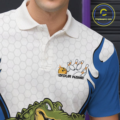 Custom Funny Alligator Bowling Men Polo Shirt, Alligator Blue Bowling Team League Shirt IPHW10684