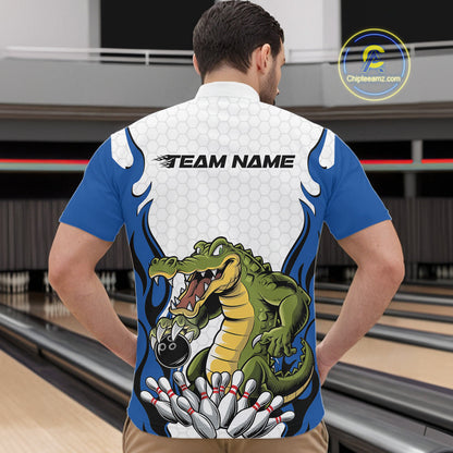 Custom Funny Alligator Bowling Men Quarter-Zip Shirt, Alligator Blue Bowling Team League Shirt IPHW10684