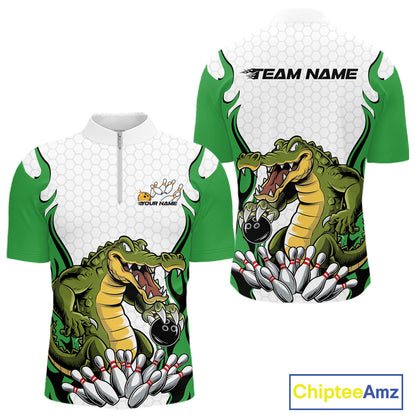 Custom Funny Alligator Bowling Men Quarter-Zip Shirt, Alligator Green Bowling Team League Shirt IPHW10685