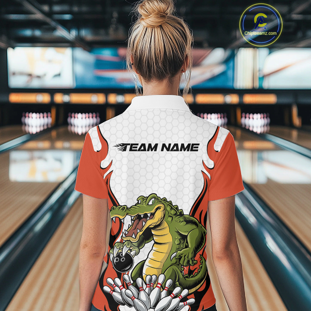 Custom Funny Alligator Bowling Women Polo Shirt, Alligator Orange Bowling Team League Shirt IPHW10686