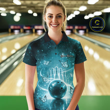 Load image into Gallery viewer, Custom Blue Butterfly Women Bowling Polo Shirt, Ladies Bowling League Shirt IPHW10922