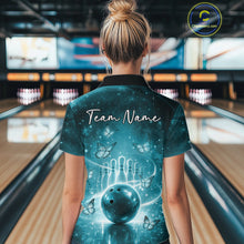 Load image into Gallery viewer, Custom Blue Butterfly Women Bowling Polo Shirt, Ladies Bowling League Shirt IPHW10922