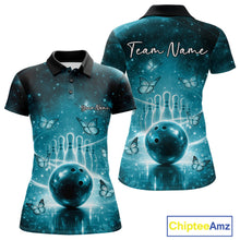 Load image into Gallery viewer, Custom Blue Butterfly Women Bowling Polo Shirt, Ladies Bowling League Shirt IPHW10922