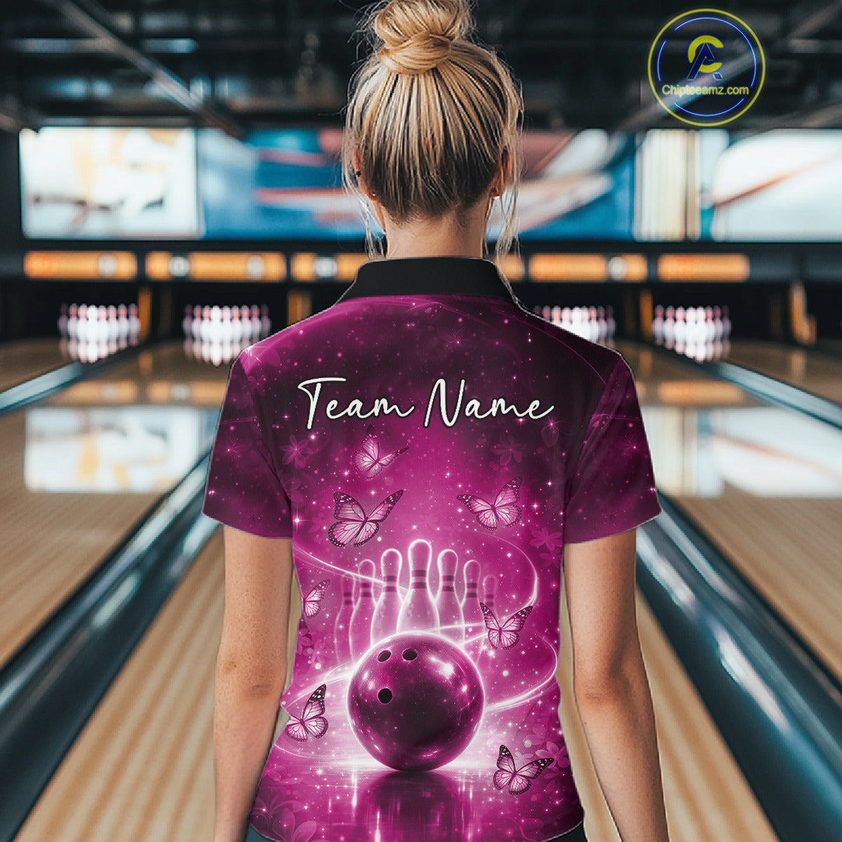 Custom Pink Butterfly Women Bowling Quarter-Zip Shirt, Ladies Bowling League Shirt IPHW10923