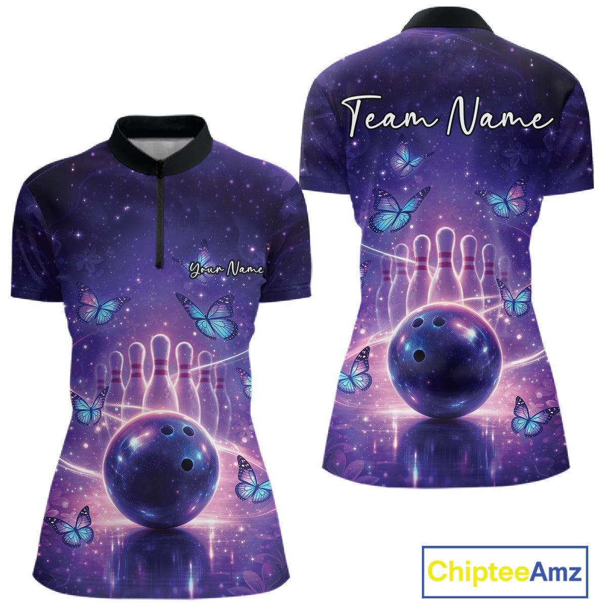 Custom Blue And Purple Butterfly Women Bowling Shirt, Ladies Bowling League Shirt IPHW10925