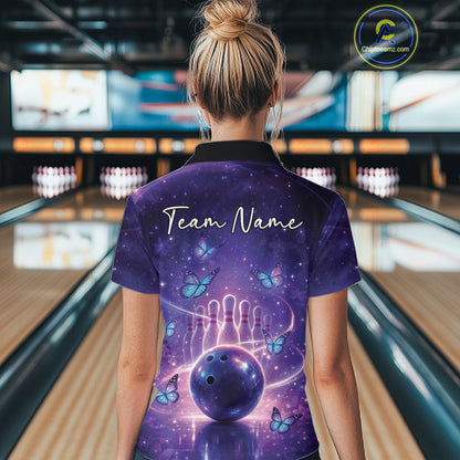 Custom Blue And Purple Butterfly Women Bowling Shirt, Ladies Bowling League Shirt IPHW10925