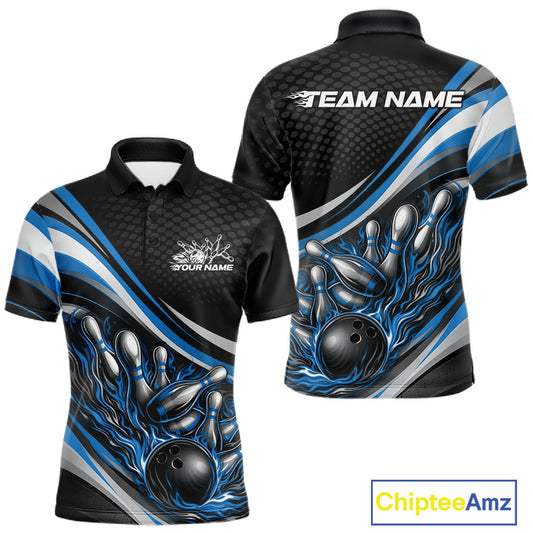 Front and back view of a men’s polo shirt mockup in black and blue, featuring flame bowling ball striking pins dynamic sports illustration.