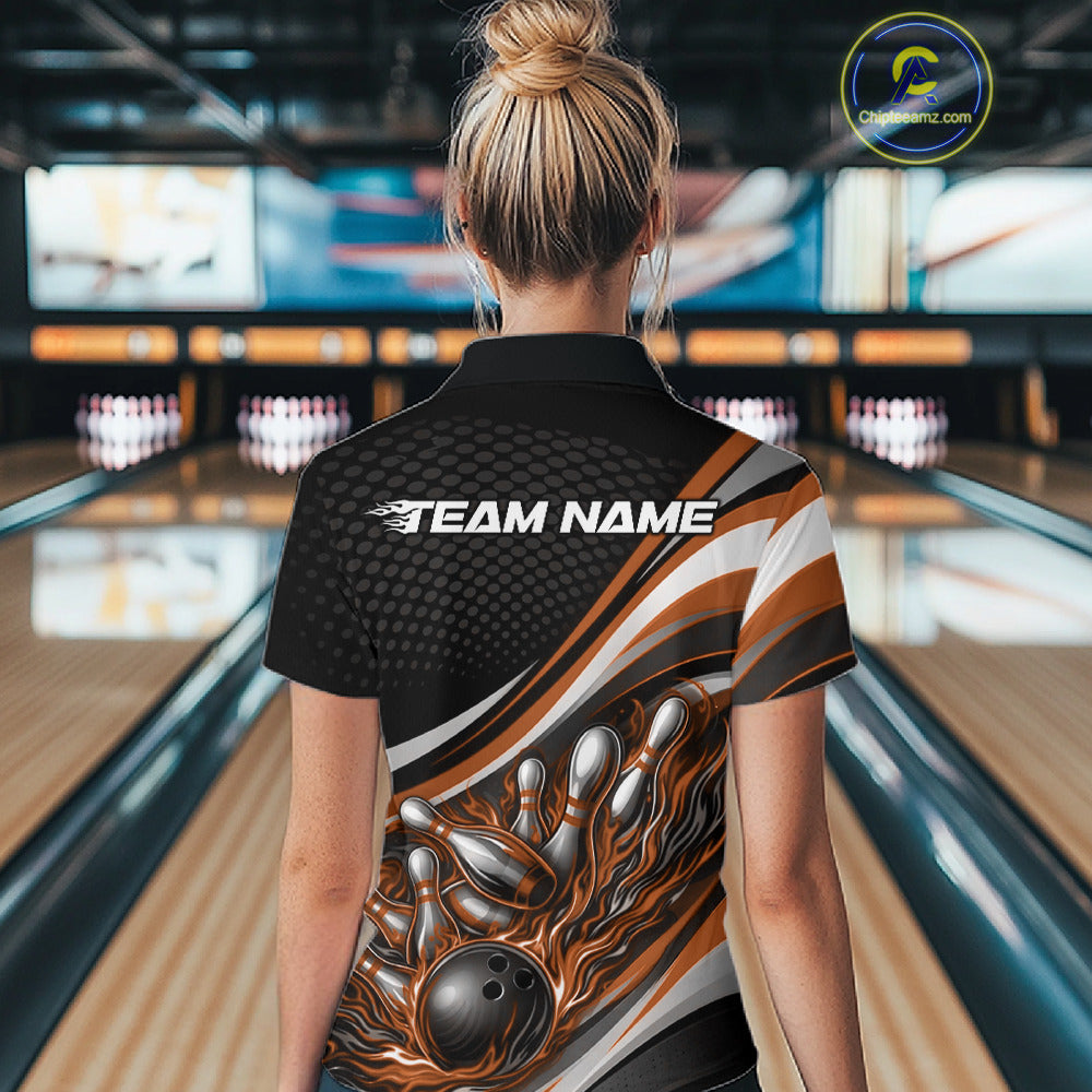Back view female model in black and orange quarter zip bowling shirt in bowling lane, flame bowling ball and pins sporty illustration