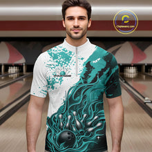 Load image into Gallery viewer, Custom Turquoise Blue Flame Bowling Men Quarter-Zip Shirt, Bowling League Shirt Bowler Jerseys IPHW11244