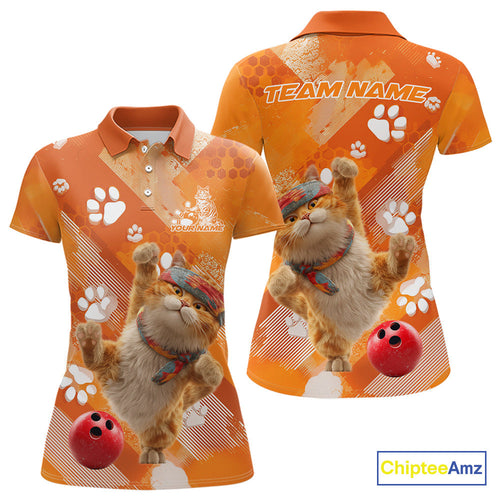 Custom Funny Orange Cat Bowling Women Polo Shirt, Cute Team Cat Paw Bowling Shirt IPHW10102