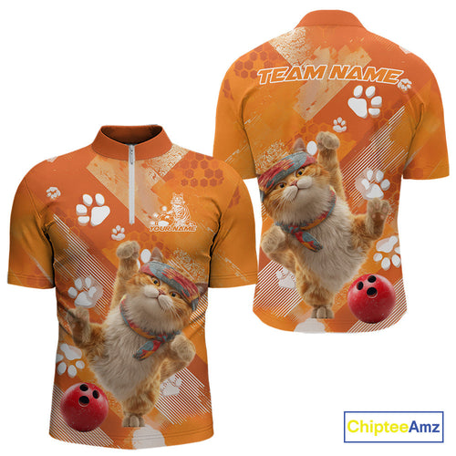 Custom Funny Orange Cat Bowling Men Quarter-Zip Shirt, Cute Team Cat Paw Bowling Shirt IPHW10102