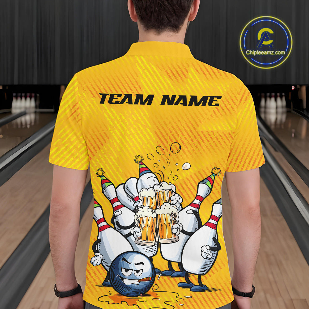 Custom Funny Bowling And Beer Men Polo Shirts, Bowling Ball And Pins Party Jerseys IPHW9827