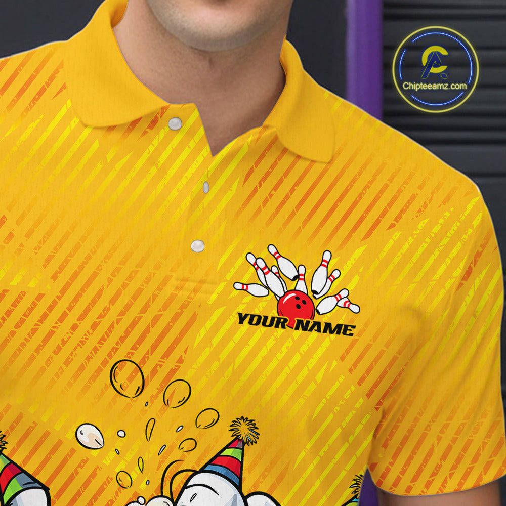 Custom Funny Bowling And Beer Men Polo Shirts, Bowling Ball And Pins Party Jerseys IPHW9827