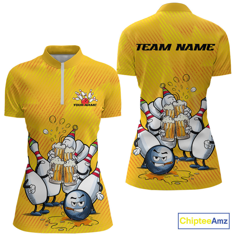 Custom Funny Bowling And Beer Women Quarter-Zip Shirt, Bowling Ball And Pins Party Jersey IPHW9827
