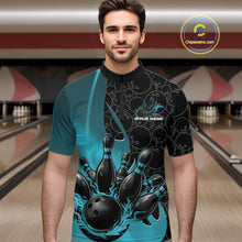 Load image into Gallery viewer, Custom Black And Blue Flame Bowling Team Men Quarter-Zip Shirt, Bowling Ball Pattern Jerseys IPHW11278
