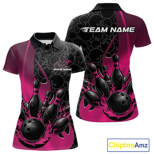 Front and back view of a womens black and pink bowling polo shirt mockup featuring gradient bowling ball pattern with flaming black bowling ball striking pins.