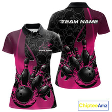 Load image into Gallery viewer, Custom Black And Pink Flame Bowling Team Women Polo Shirt, Bowling Ball Pattern Jerseys IPHW11280