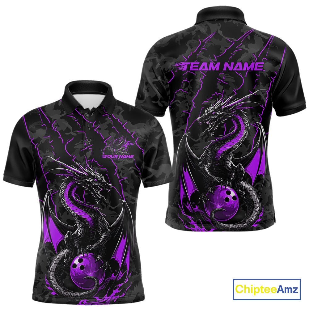 Custom Gray And Purple Camo Dragon Claws Bowling Men Polo Shirts, Team Bowling Jerseys IPHW9856