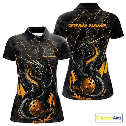 Custom Gray And Yellow Camo Dragon Claws Bowling Women Polo Shirts, Team Bowling Jerseys IPHW9857