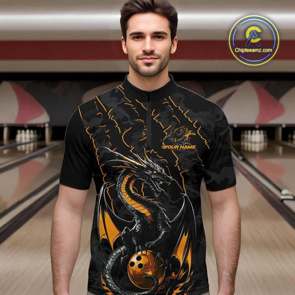 Custom Gray And Yellow Camo Dragon Claws Bowling Men Quarter-Zip Shirts, Team Bowling Jerseys IPHW9857