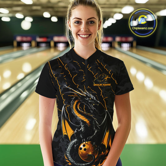 Custom Gray And Yellow Camo Dragon Claws Bowling Women Quarter-Zip Shirts, Team Jerseys IPHW9857