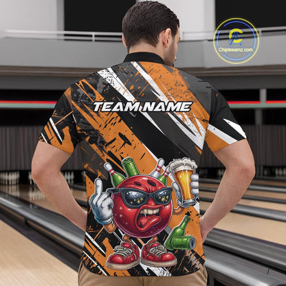 Custom Funny Bowling Ball Drink Beer Bowling Men Quarter-Zip Shirt, Grunge Orange Team Shirt IPHW10118
