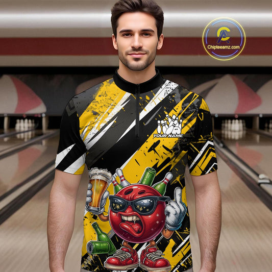 Custom Funny Bowling Ball Drink Beer Bowling Men Quarter-Zip Shirt, Grunge Yellow Team Shirt IPHW10119