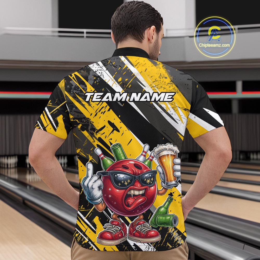 Custom Funny Bowling Ball Drink Beer Bowling Men Quarter-Zip Shirt, Grunge Yellow Team Shirt IPHW10119
